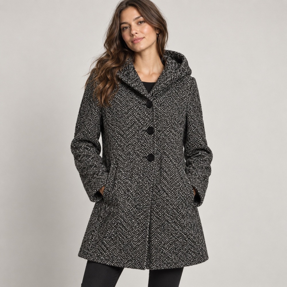GUESS Women's Black White Herringbone Wool Blend Hooded Pea Coat overcoat M Y2K